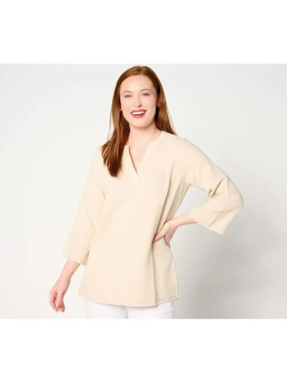 Belle by Kim Gravel Women Top Sz L Cotton Gauze Frayed Edge Tunic Tan A647284